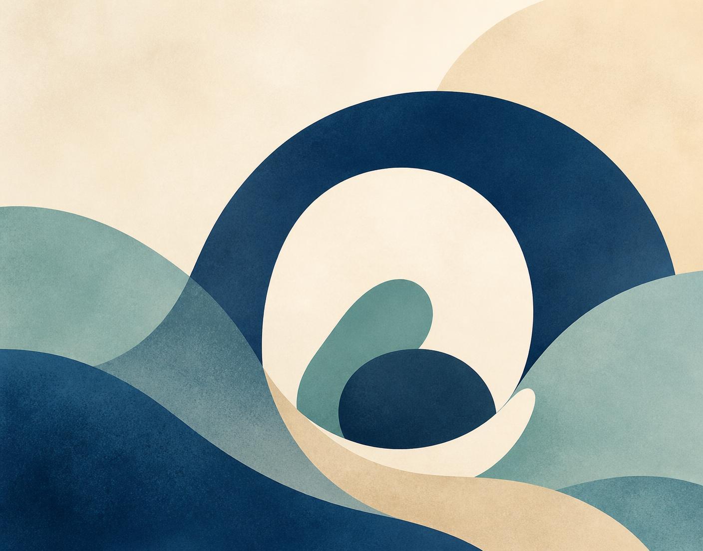 Abstract layered navy, teal and cream shapes representing calm and support