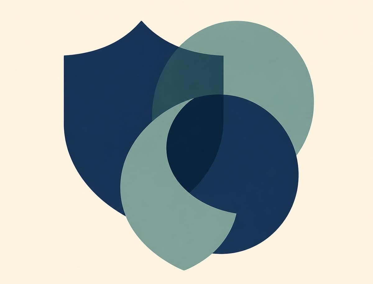 Abstract navy and teal shield and circle shapes representing safeguarding